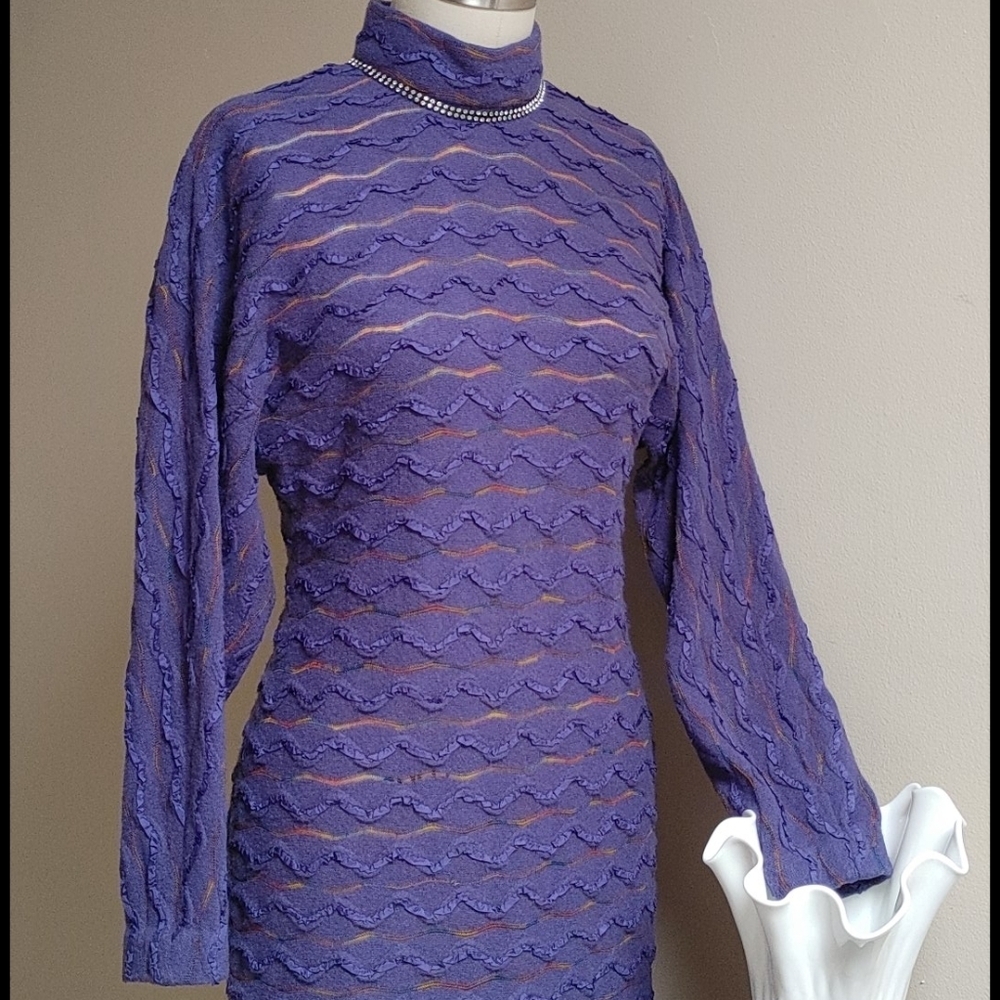 Vintage 80s Purple Long Shift Dolman Sleeves Dress with Texture - Picture 3 of 16